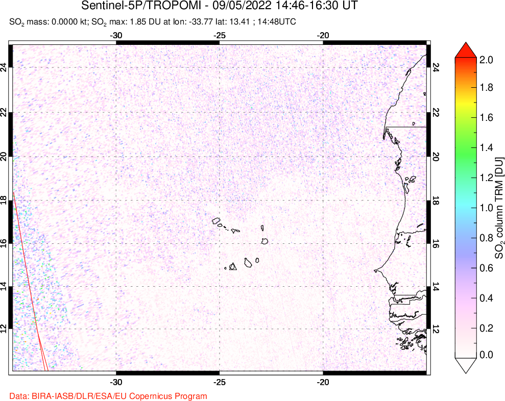 A sulfur dioxide image over Cape Verde Islands on Sep 05, 2022.