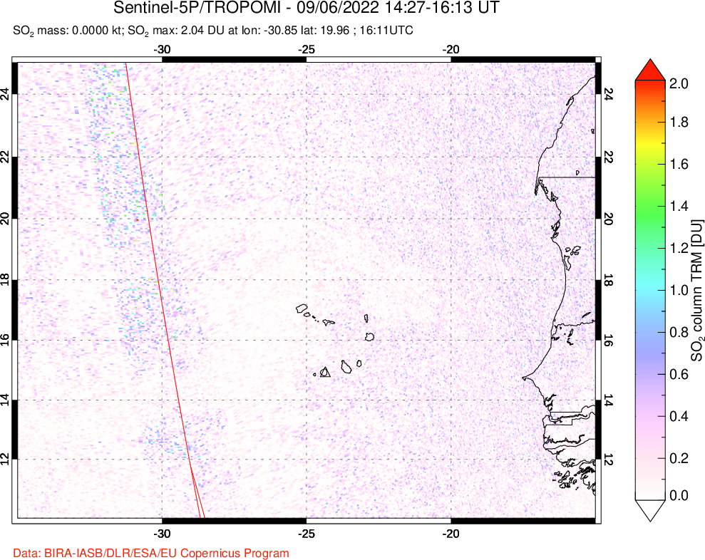 A sulfur dioxide image over Cape Verde Islands on Sep 06, 2022.