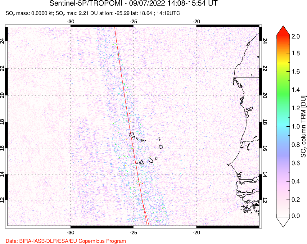 A sulfur dioxide image over Cape Verde Islands on Sep 07, 2022.