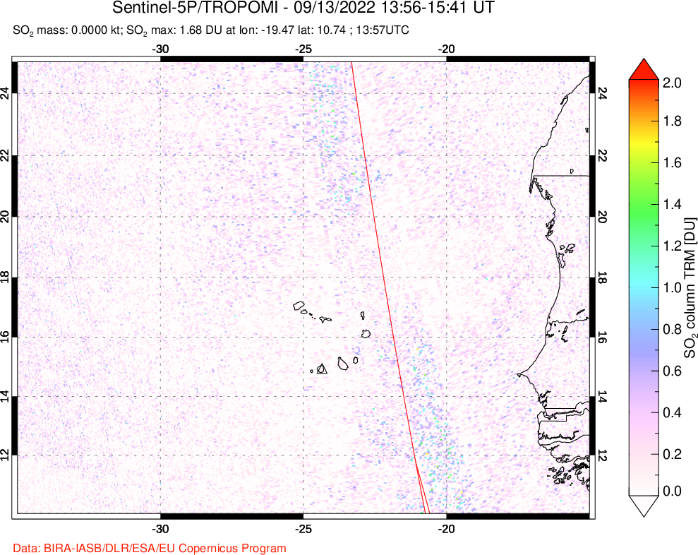A sulfur dioxide image over Cape Verde Islands on Sep 13, 2022.