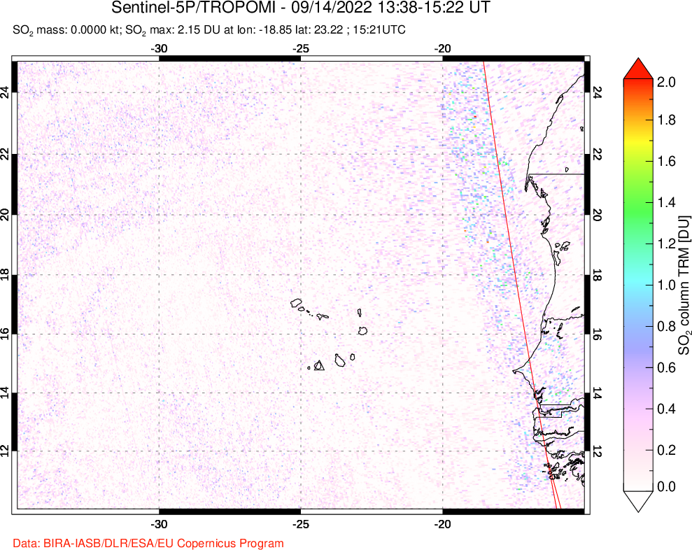 A sulfur dioxide image over Cape Verde Islands on Sep 14, 2022.