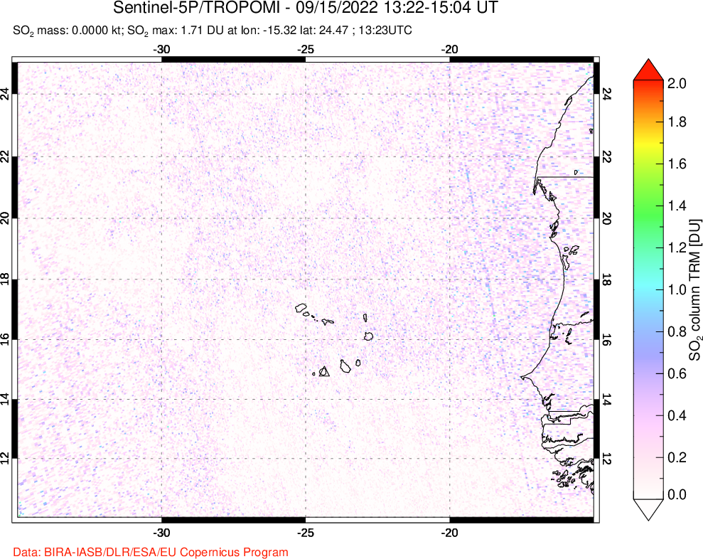 A sulfur dioxide image over Cape Verde Islands on Sep 15, 2022.