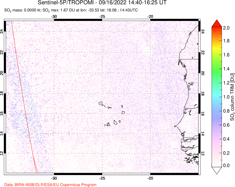 A sulfur dioxide image over Cape Verde Islands on Sep 16, 2022.