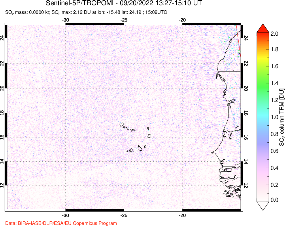 A sulfur dioxide image over Cape Verde Islands on Sep 20, 2022.