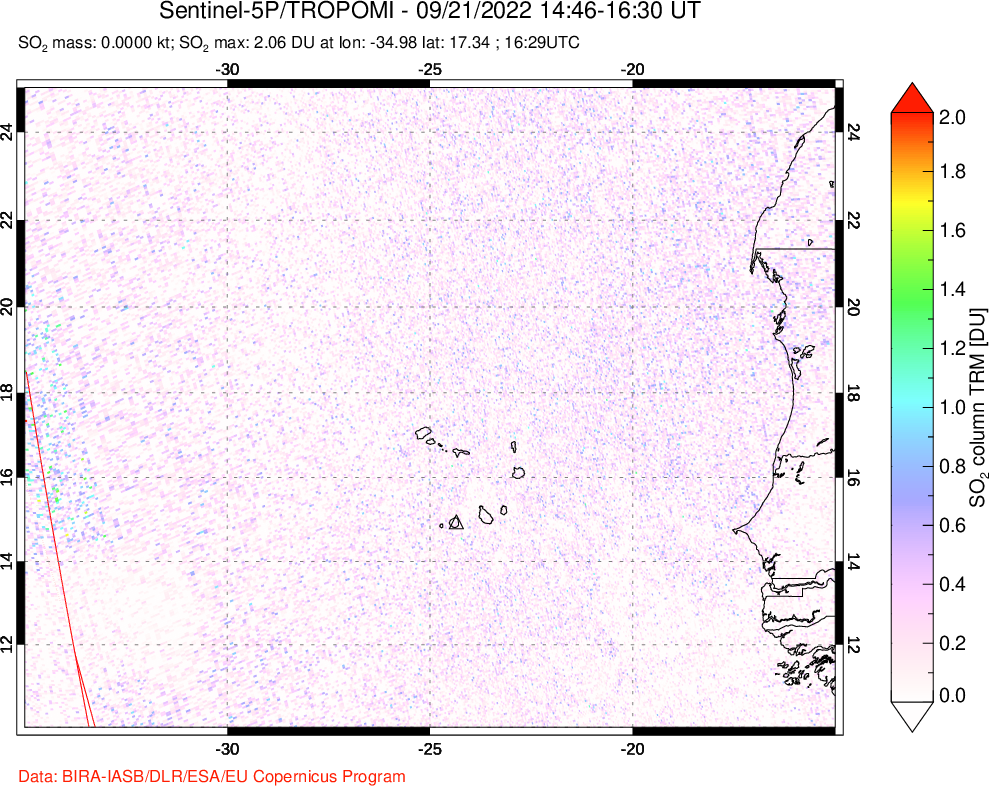 A sulfur dioxide image over Cape Verde Islands on Sep 21, 2022.