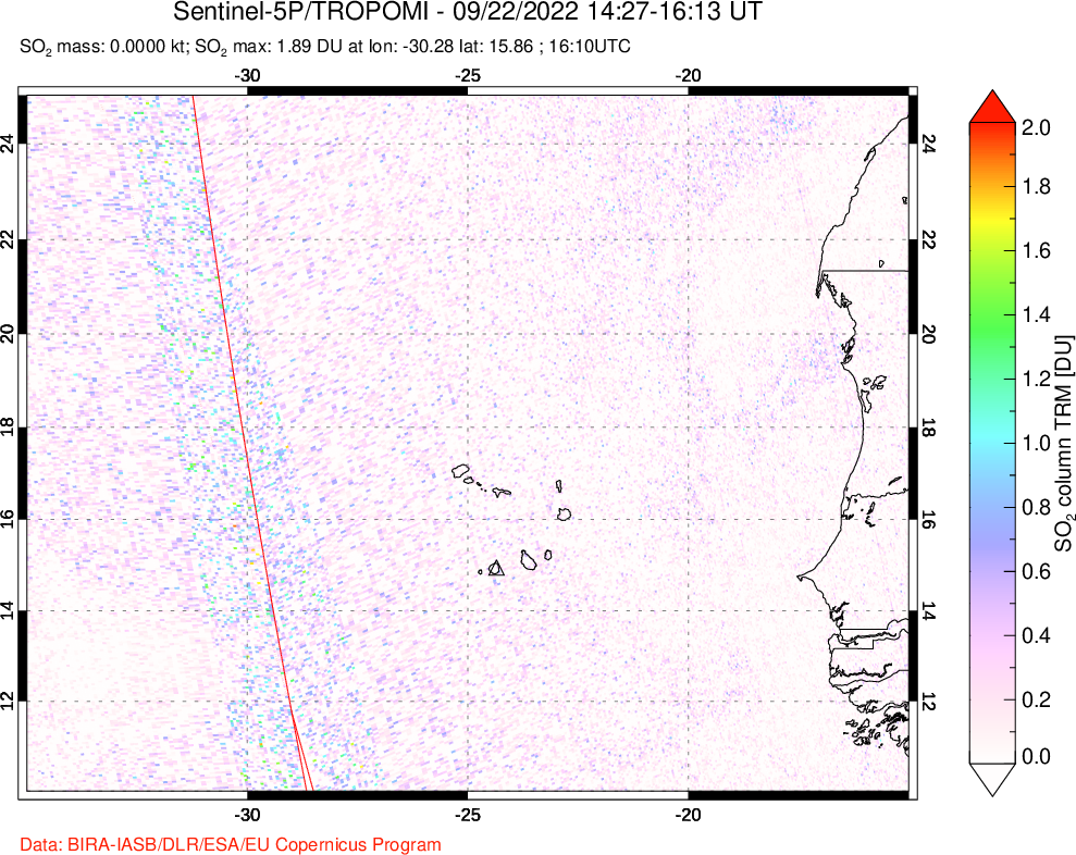 A sulfur dioxide image over Cape Verde Islands on Sep 22, 2022.