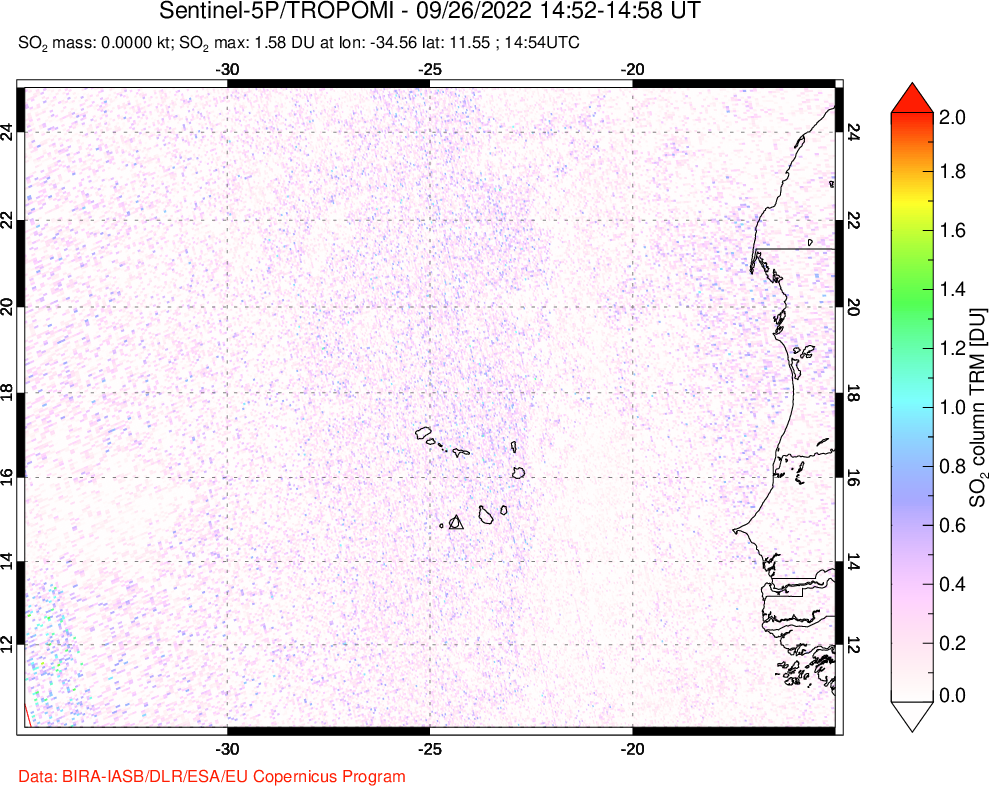 A sulfur dioxide image over Cape Verde Islands on Sep 26, 2022.