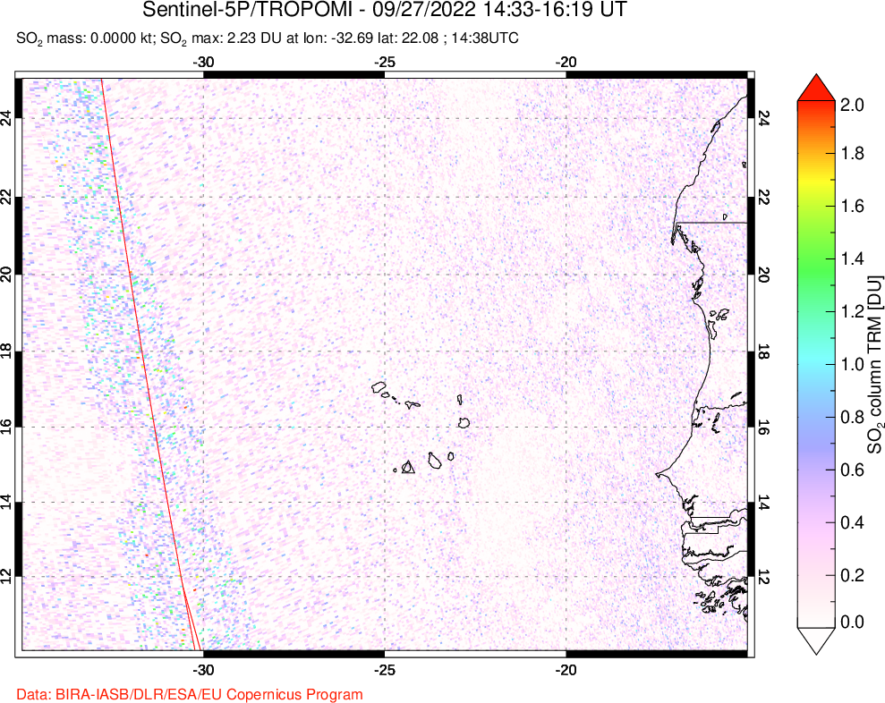 A sulfur dioxide image over Cape Verde Islands on Sep 27, 2022.