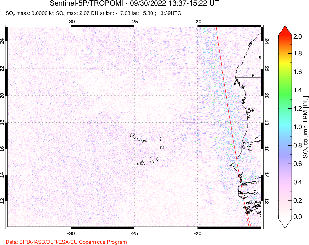 A sulfur dioxide image over Cape Verde Islands on Sep 30, 2022.