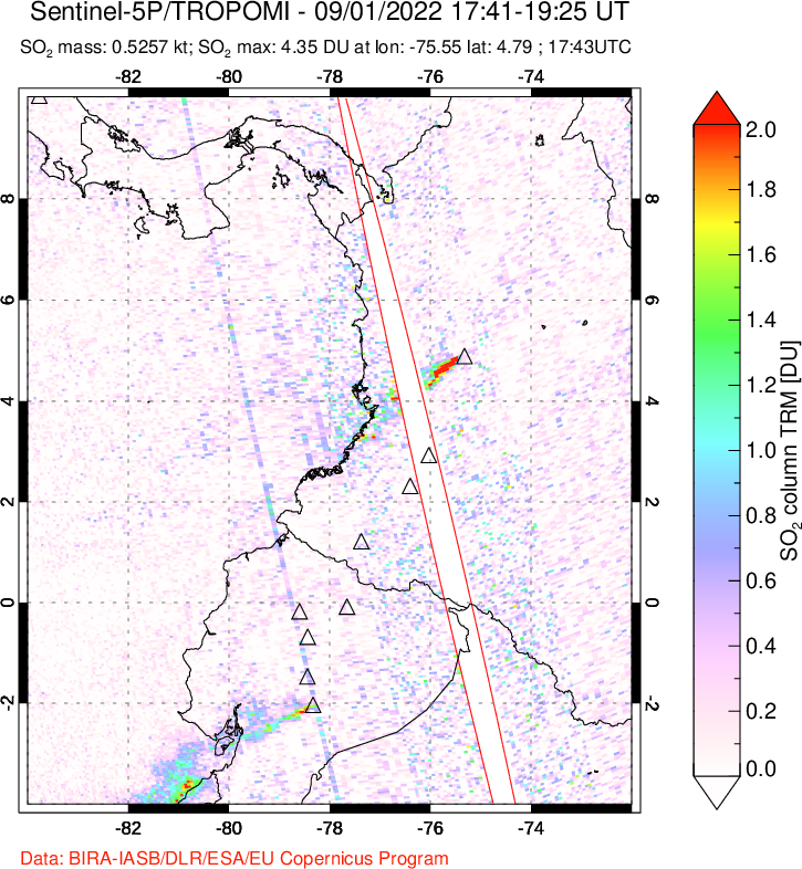 A sulfur dioxide image over Ecuador on Sep 01, 2022.