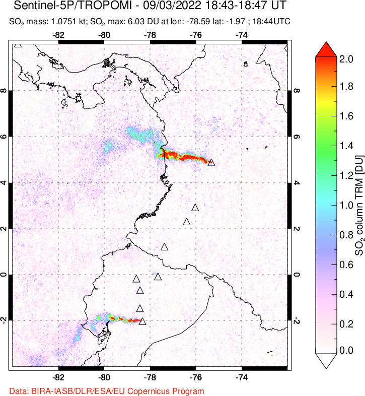 A sulfur dioxide image over Ecuador on Sep 03, 2022.