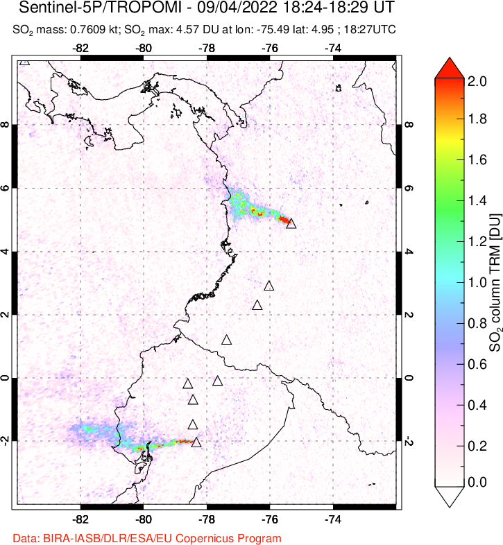 A sulfur dioxide image over Ecuador on Sep 04, 2022.