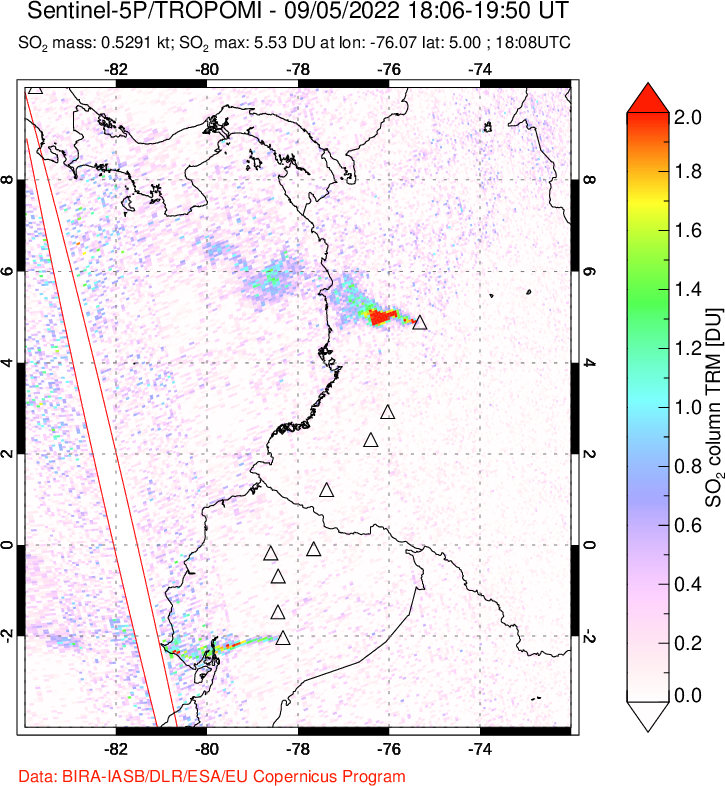 A sulfur dioxide image over Ecuador on Sep 05, 2022.