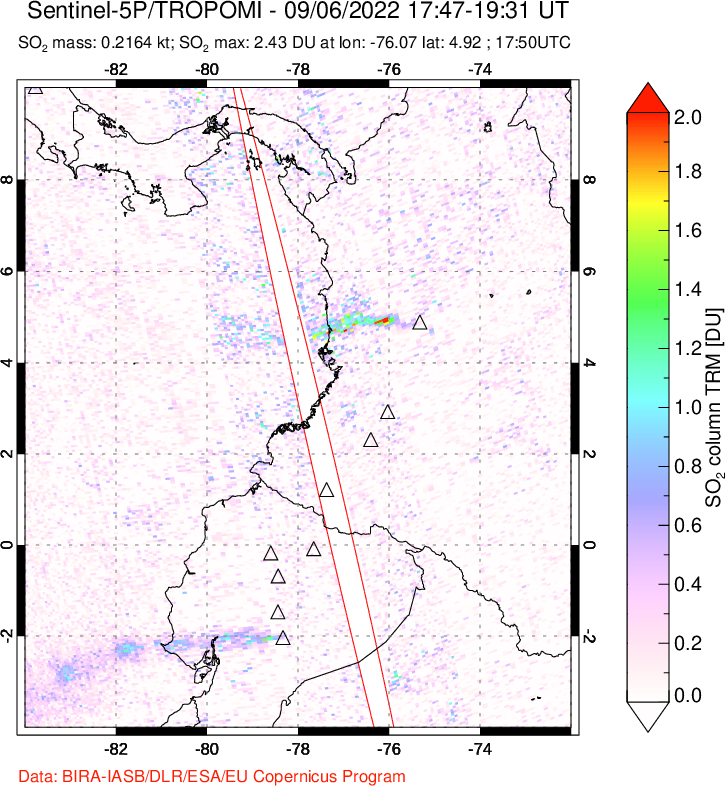 A sulfur dioxide image over Ecuador on Sep 06, 2022.