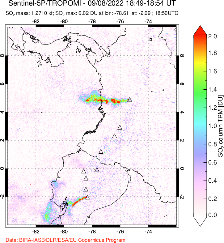A sulfur dioxide image over Ecuador on Sep 08, 2022.