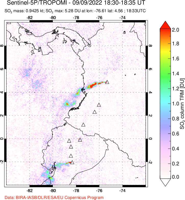 A sulfur dioxide image over Ecuador on Sep 09, 2022.