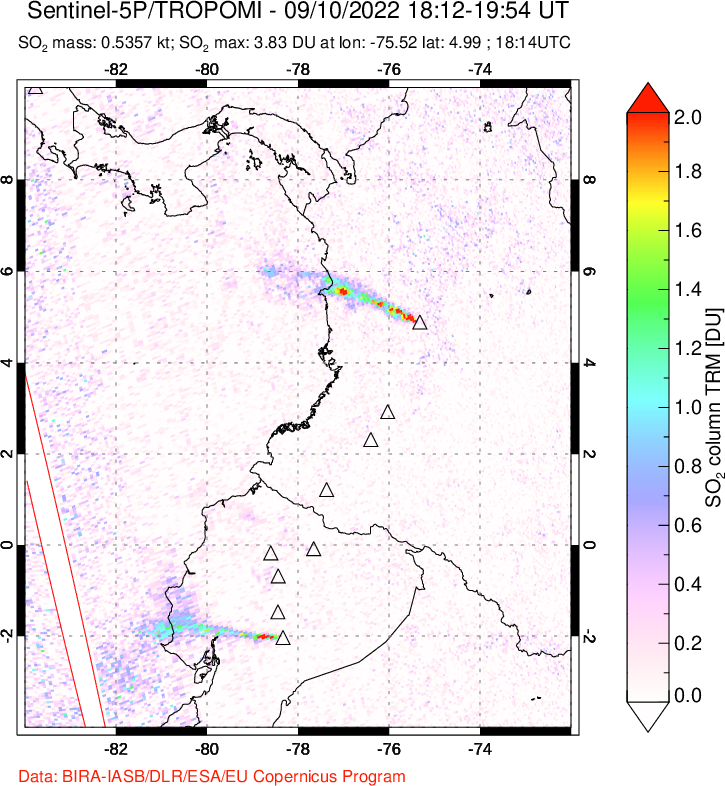 A sulfur dioxide image over Ecuador on Sep 10, 2022.