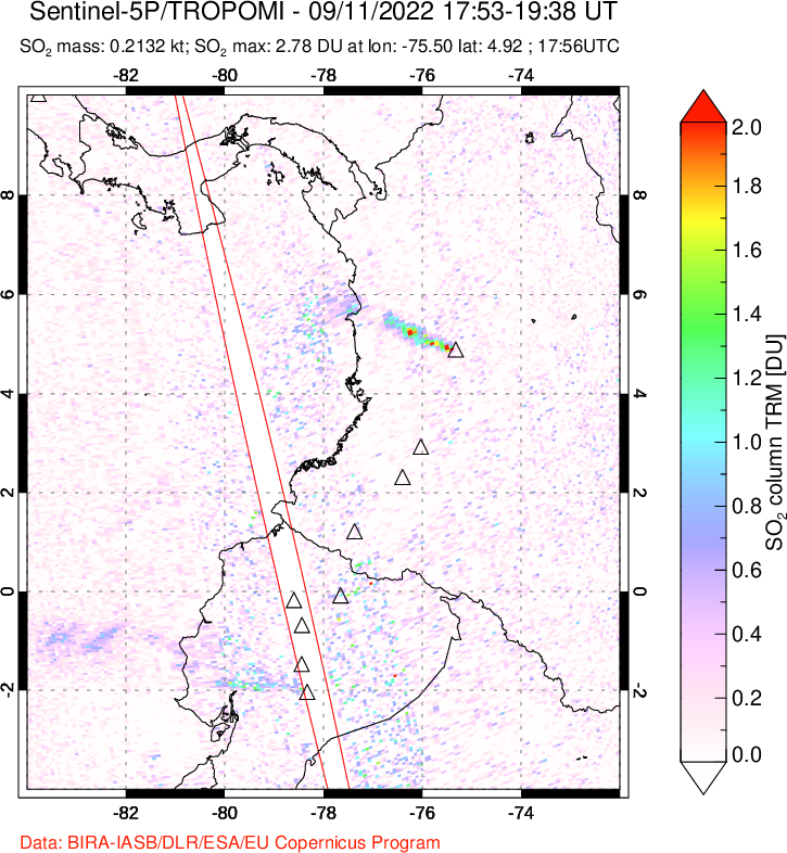 A sulfur dioxide image over Ecuador on Sep 11, 2022.