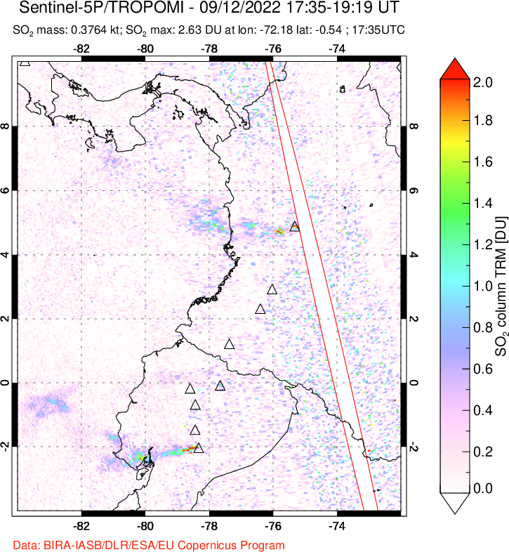 A sulfur dioxide image over Ecuador on Sep 12, 2022.