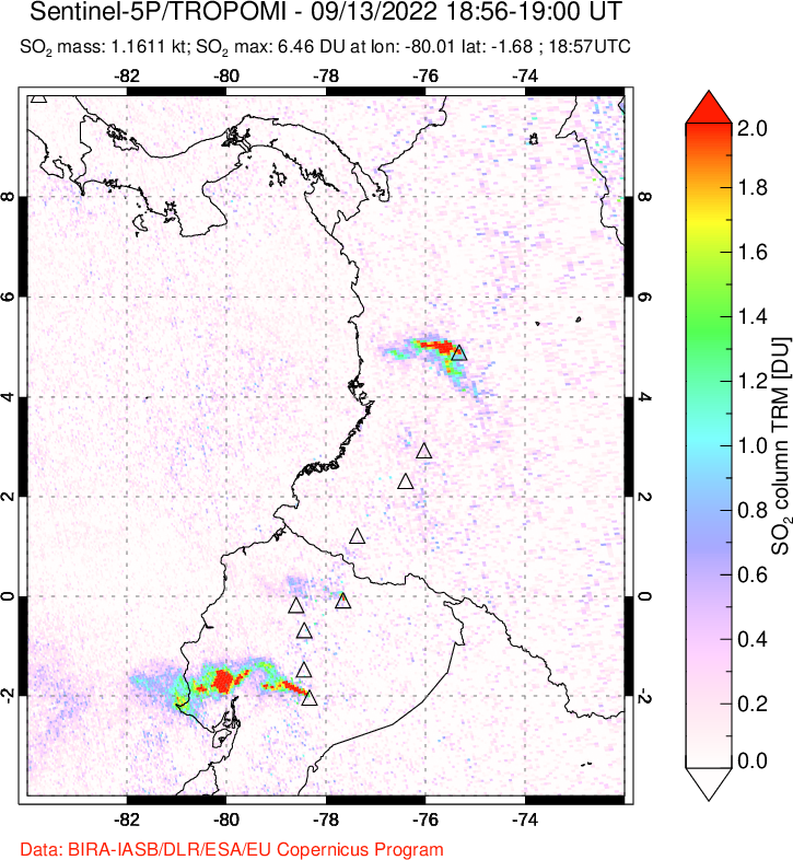 A sulfur dioxide image over Ecuador on Sep 13, 2022.