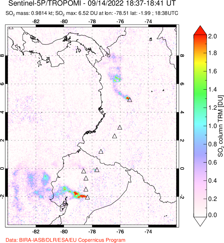 A sulfur dioxide image over Ecuador on Sep 14, 2022.
