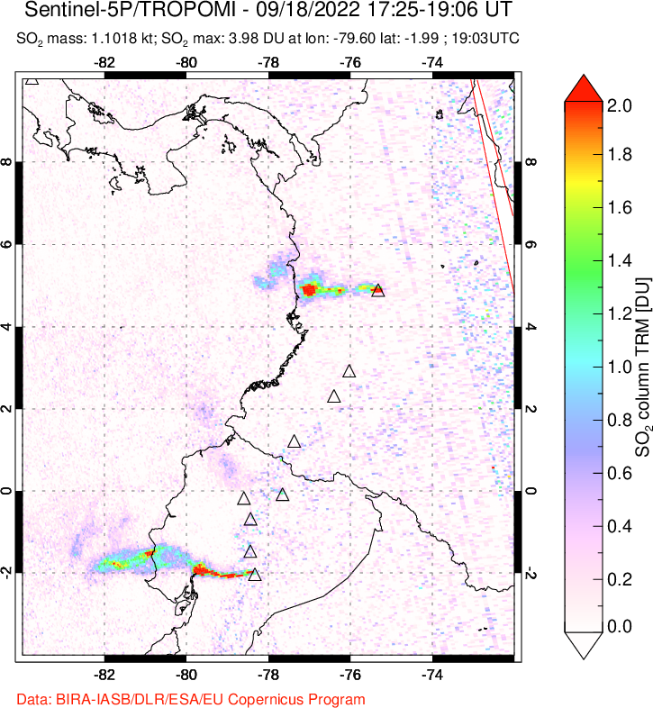 A sulfur dioxide image over Ecuador on Sep 18, 2022.