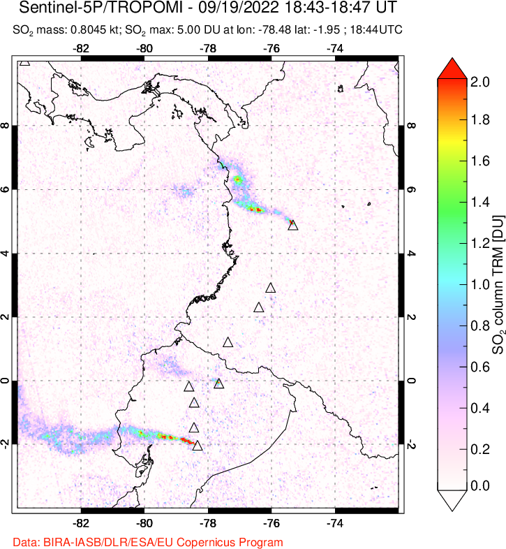 A sulfur dioxide image over Ecuador on Sep 19, 2022.