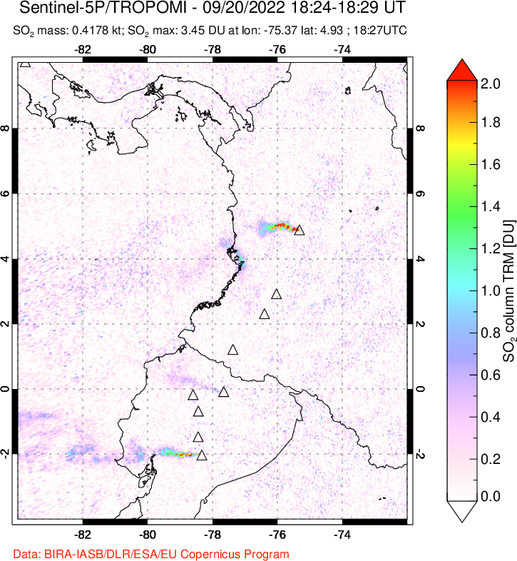 A sulfur dioxide image over Ecuador on Sep 20, 2022.