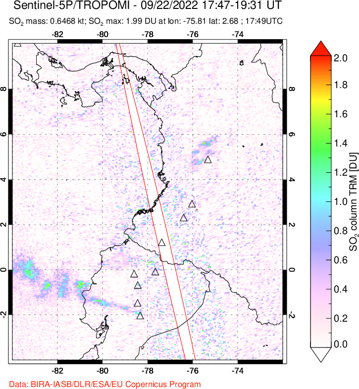 A sulfur dioxide image over Ecuador on Sep 22, 2022.