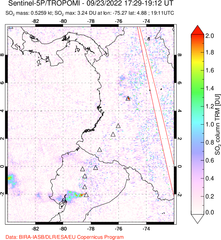 A sulfur dioxide image over Ecuador on Sep 23, 2022.