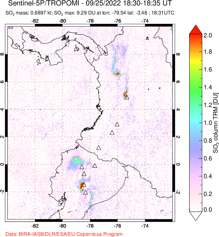 A sulfur dioxide image over Ecuador on Sep 25, 2022.