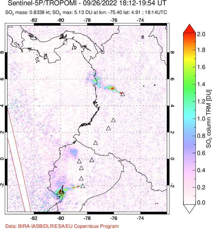 A sulfur dioxide image over Ecuador on Sep 26, 2022.