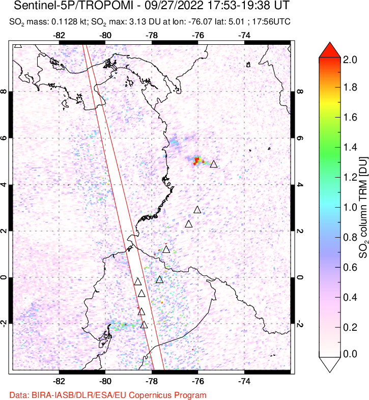 A sulfur dioxide image over Ecuador on Sep 27, 2022.