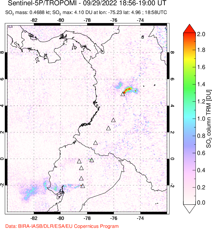 A sulfur dioxide image over Ecuador on Sep 29, 2022.