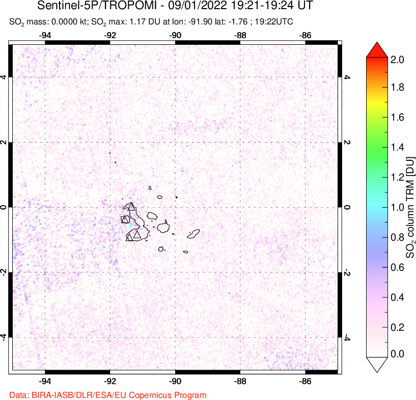 A sulfur dioxide image over Galápagos Islands on Sep 01, 2022.