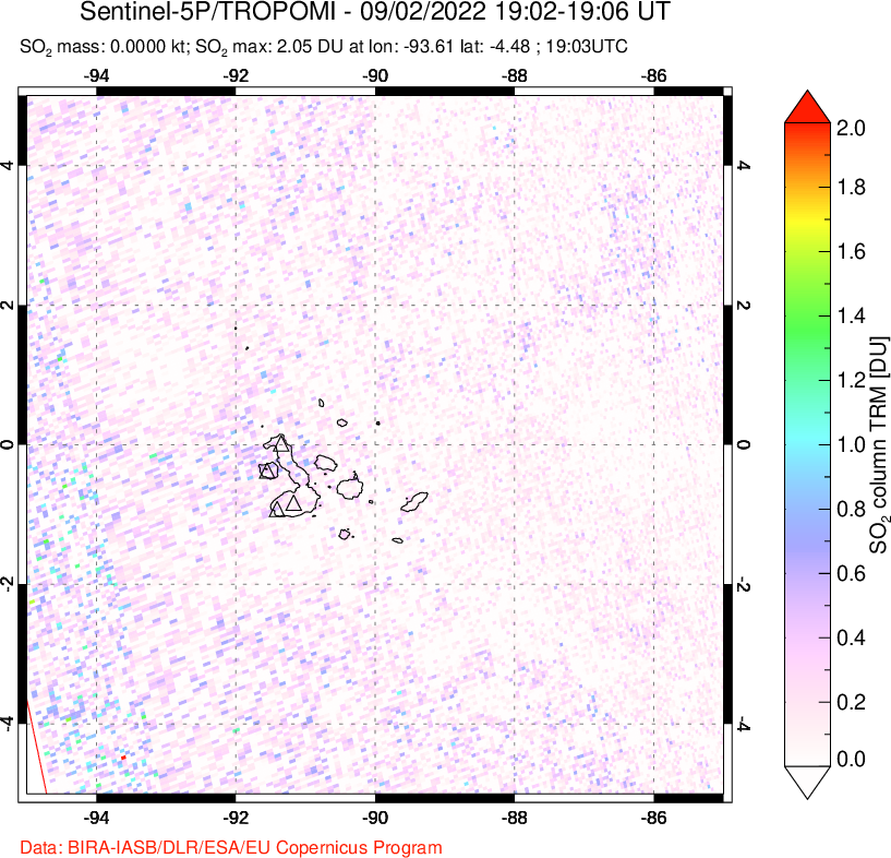 A sulfur dioxide image over Galápagos Islands on Sep 02, 2022.