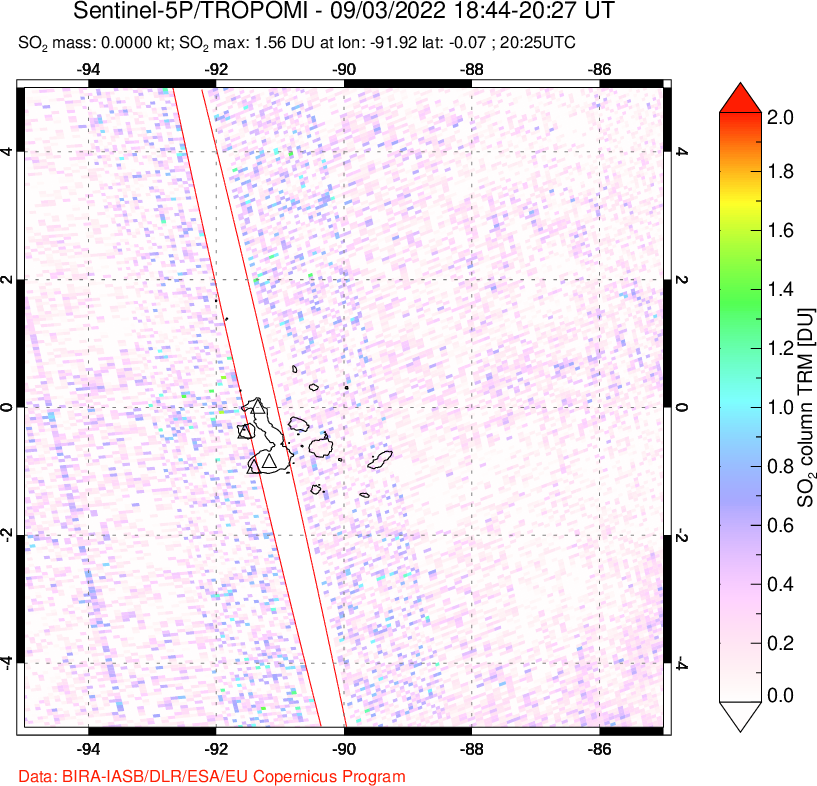 A sulfur dioxide image over Galápagos Islands on Sep 03, 2022.