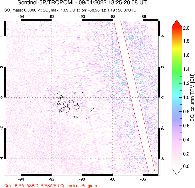 A sulfur dioxide image over Galápagos Islands on Sep 04, 2022.