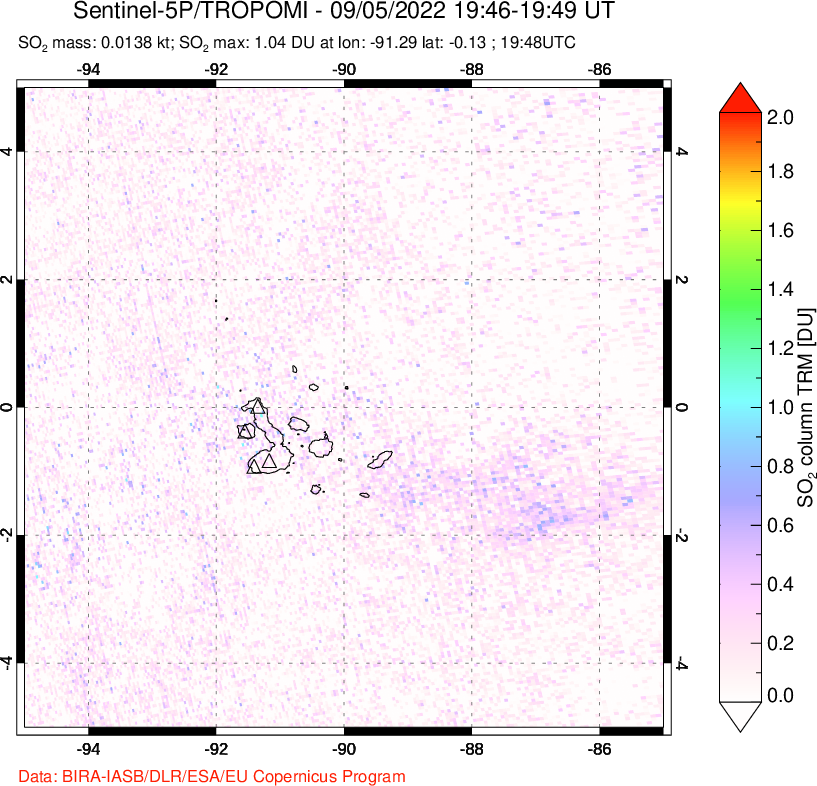 A sulfur dioxide image over Galápagos Islands on Sep 05, 2022.