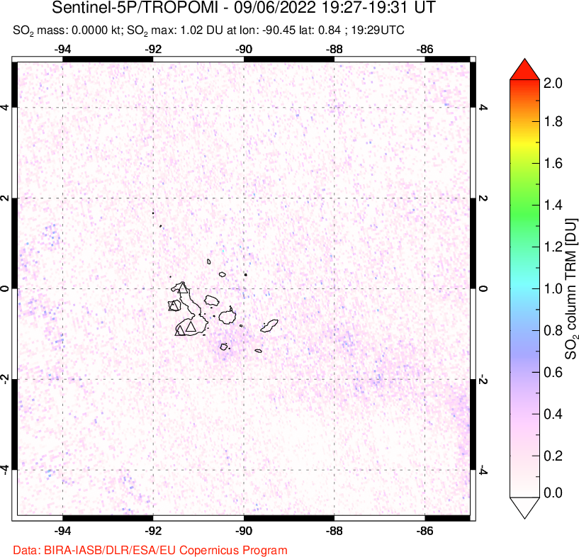 A sulfur dioxide image over Galápagos Islands on Sep 06, 2022.