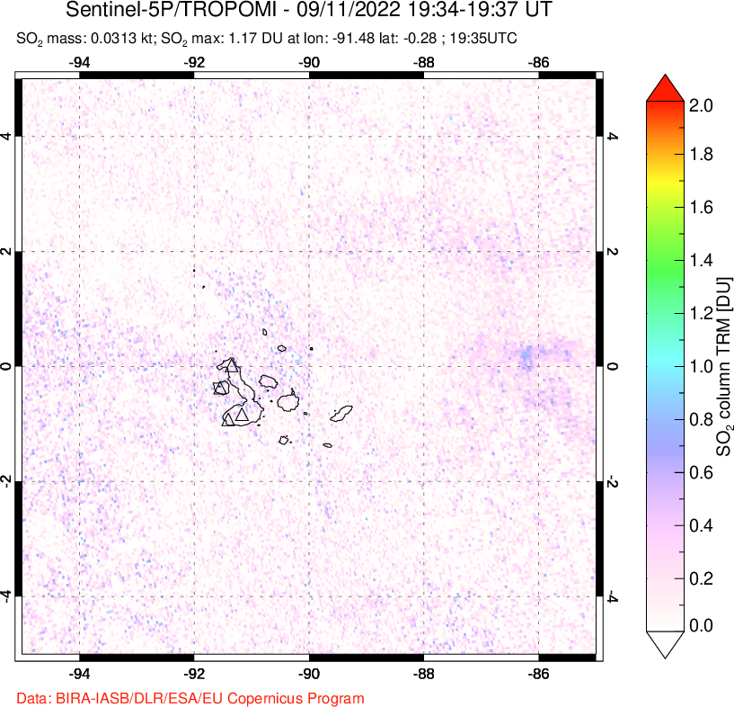 A sulfur dioxide image over Galápagos Islands on Sep 11, 2022.