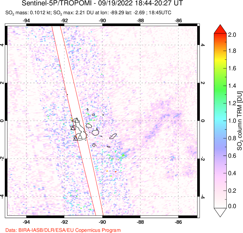 A sulfur dioxide image over Galápagos Islands on Sep 19, 2022.