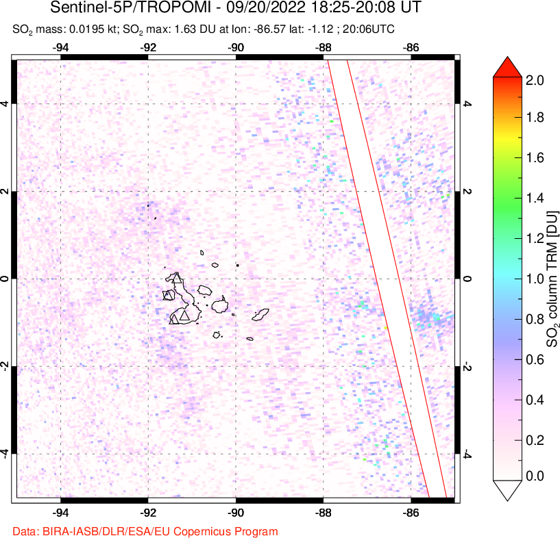 A sulfur dioxide image over Galápagos Islands on Sep 20, 2022.