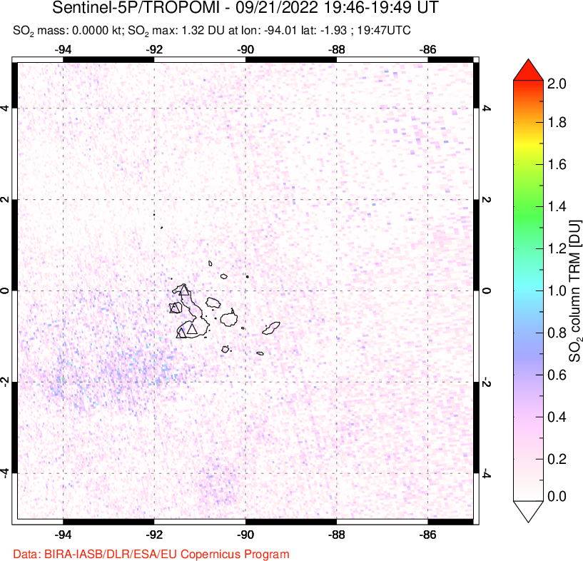 A sulfur dioxide image over Galápagos Islands on Sep 21, 2022.