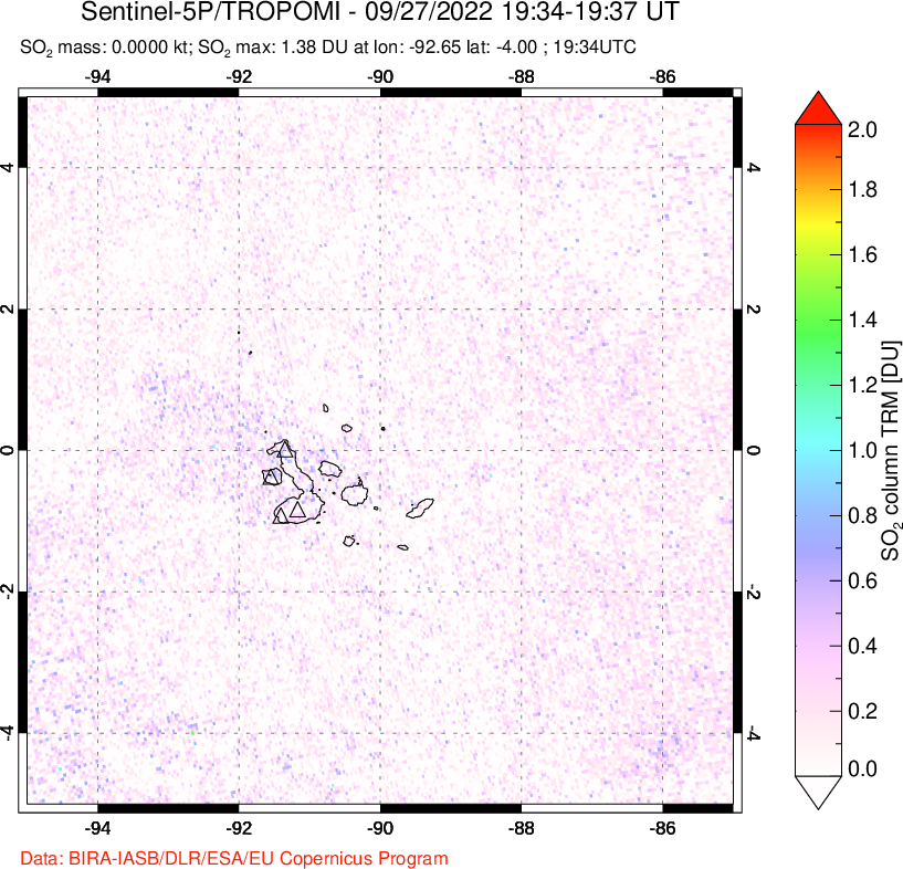 A sulfur dioxide image over Galápagos Islands on Sep 27, 2022.