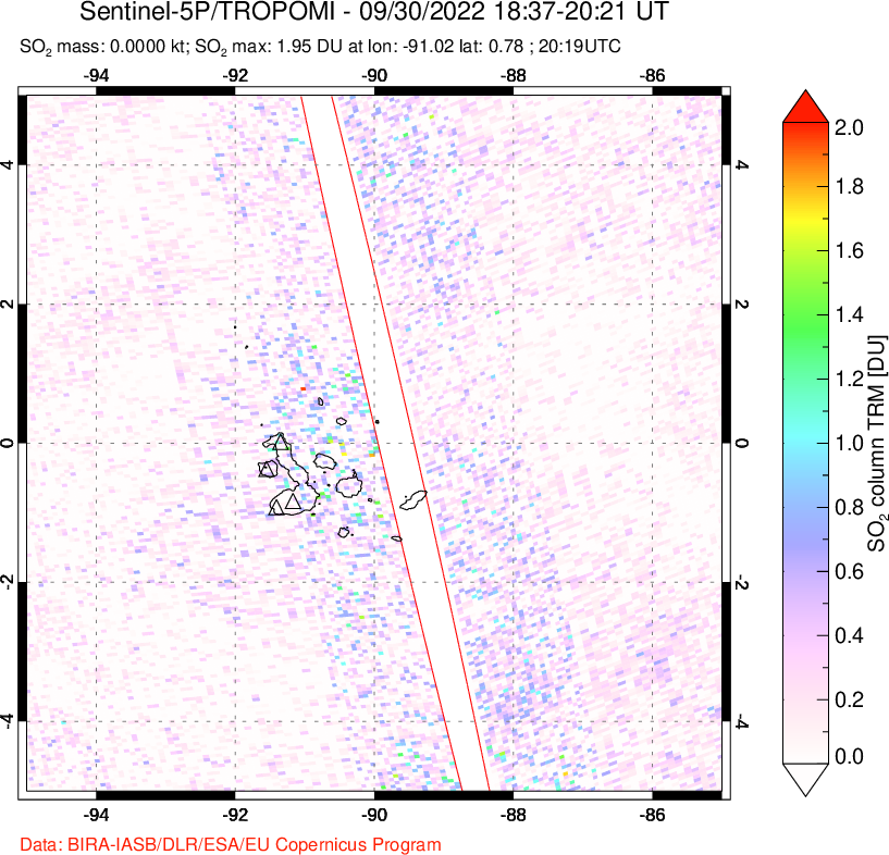 A sulfur dioxide image over Galápagos Islands on Sep 30, 2022.