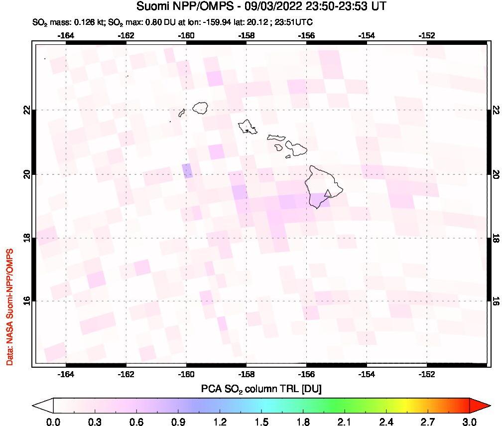 A sulfur dioxide image over Hawaii, USA on Sep 03, 2022.
