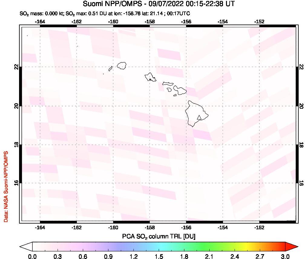 A sulfur dioxide image over Hawaii, USA on Sep 07, 2022.
