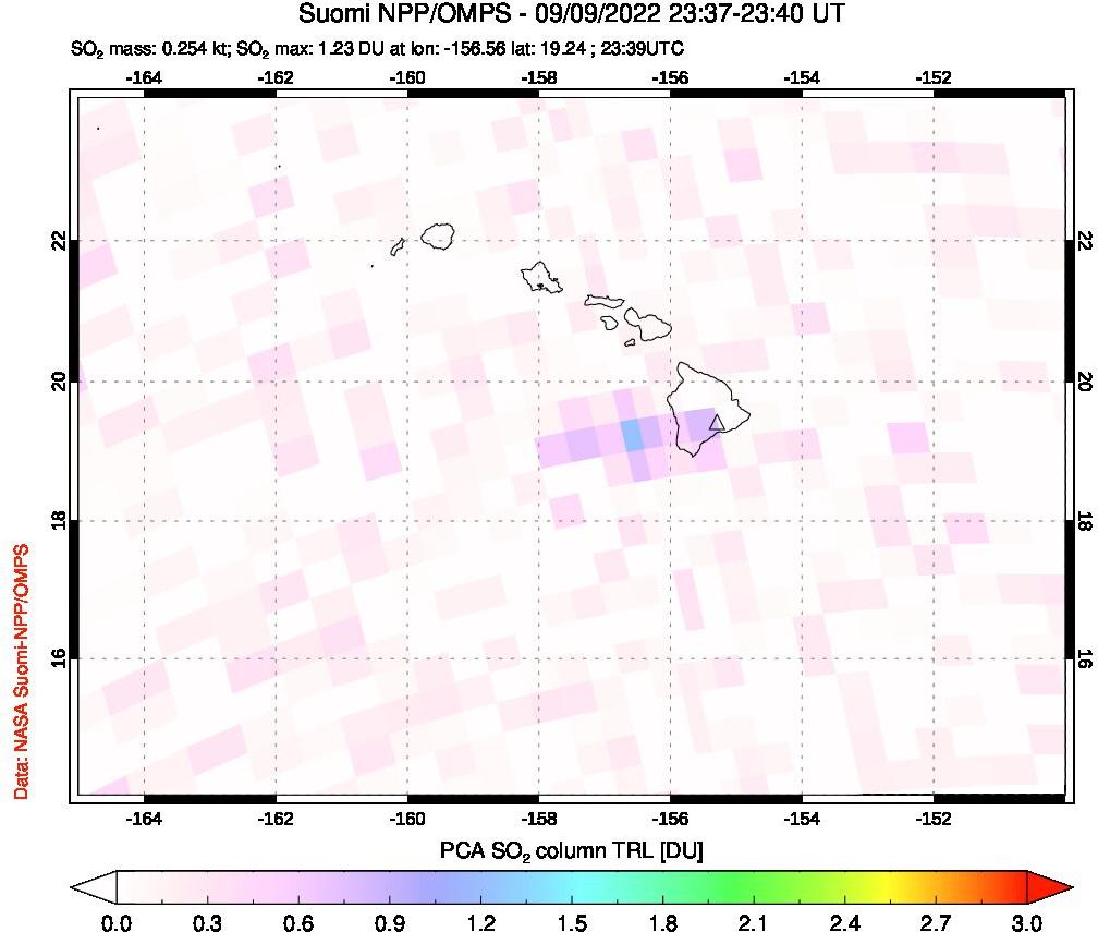 A sulfur dioxide image over Hawaii, USA on Sep 09, 2022.