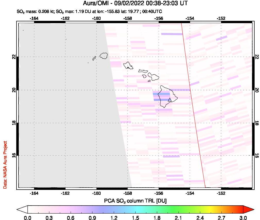 A sulfur dioxide image over Hawaii, USA on Sep 02, 2022.